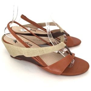 FARYL ROBIN Leather Linen Slingback Wedge Sandals